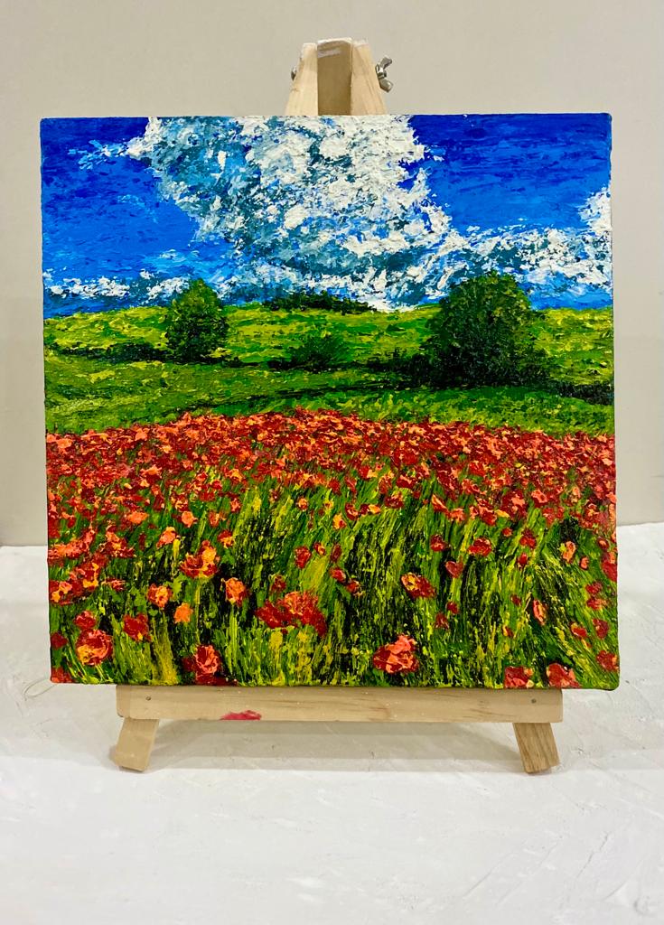 Acrylic Knife Painting on Canvas: Impressionist Field of Poppies