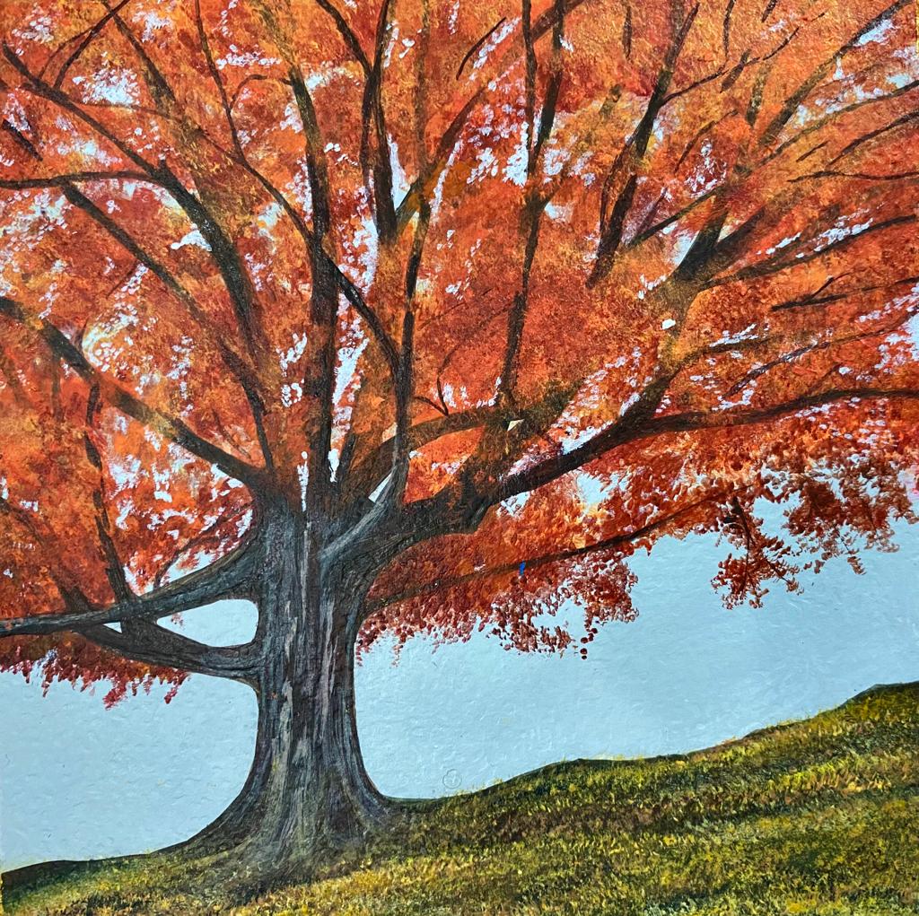Autumn Tree and Geometric Pattern on Gessoed Paper