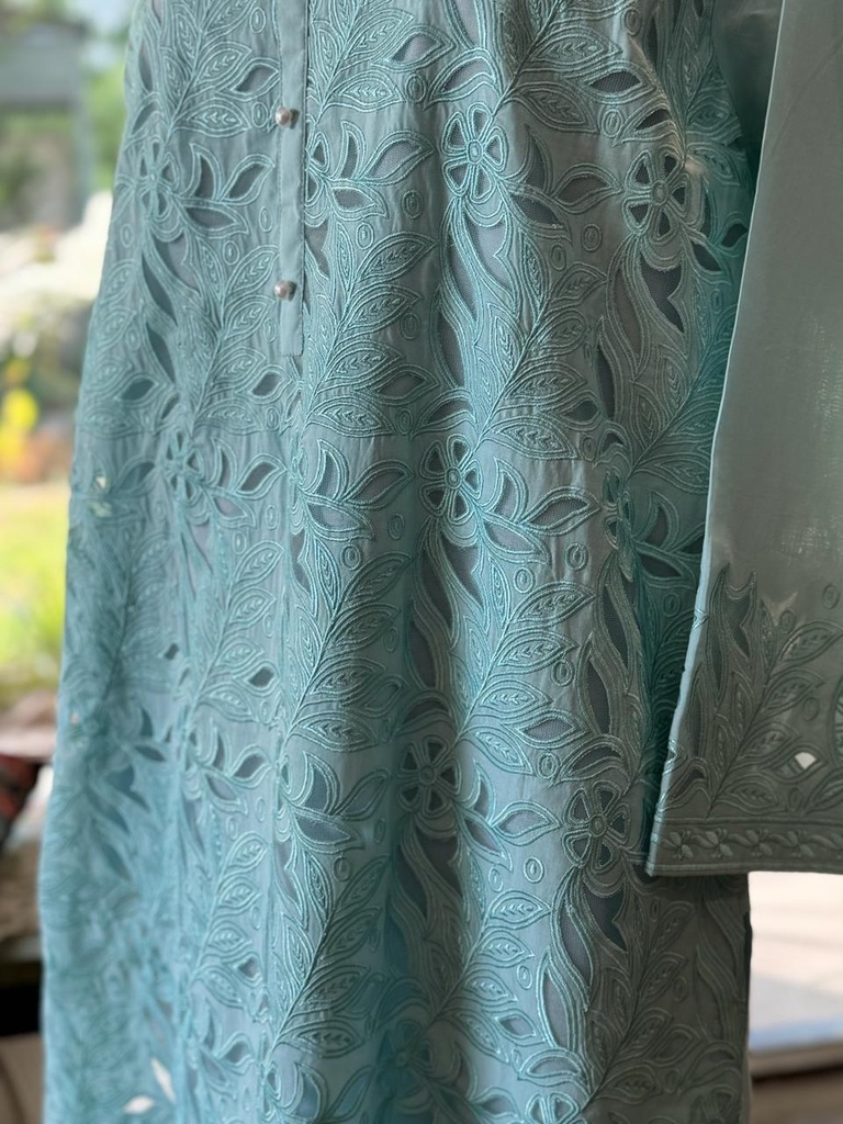 Ice-blue Embroidered Kurta with Cutwork
