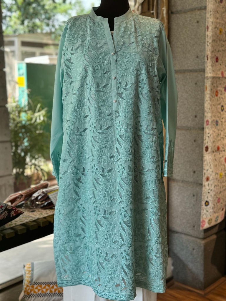 Ice-blue Embroidered Kurta with Cutwork
