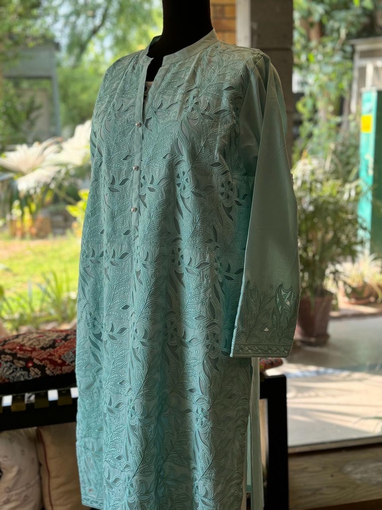 Ice-blue Embroidered Kurta with Cutwork