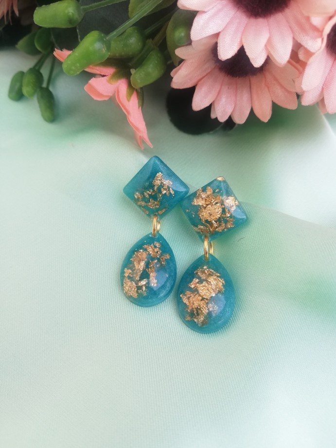 Turquoise Gold Flake Teardrop Earrings IMG # 1
