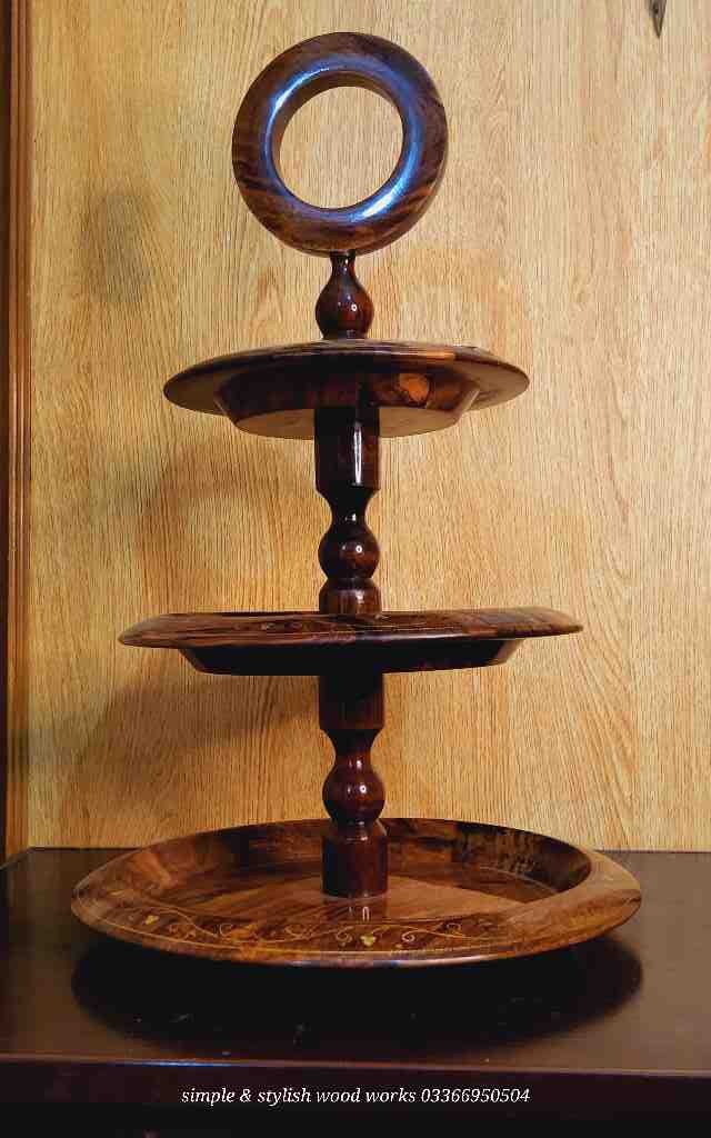 Natural Geo Rosewood Decorative Brown Tiered Stand With Brass Inlay IMG # 1