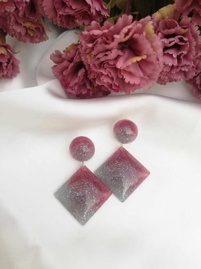 Tea-Pink & Silver Square Earrings