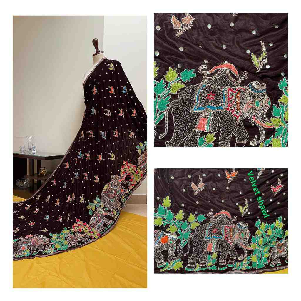Hand-embroidered Shawl with Tills, gotta, Mukesh and Aari work