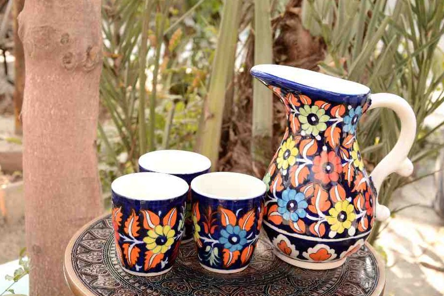 Blue Pottery 6 Glass Water Set