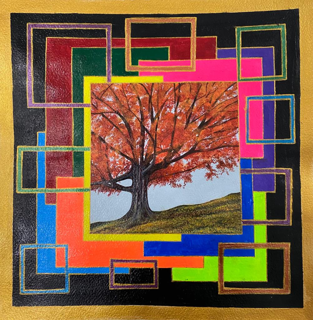 Autumn Tree and Geometric Pattern on Gessoed Paper