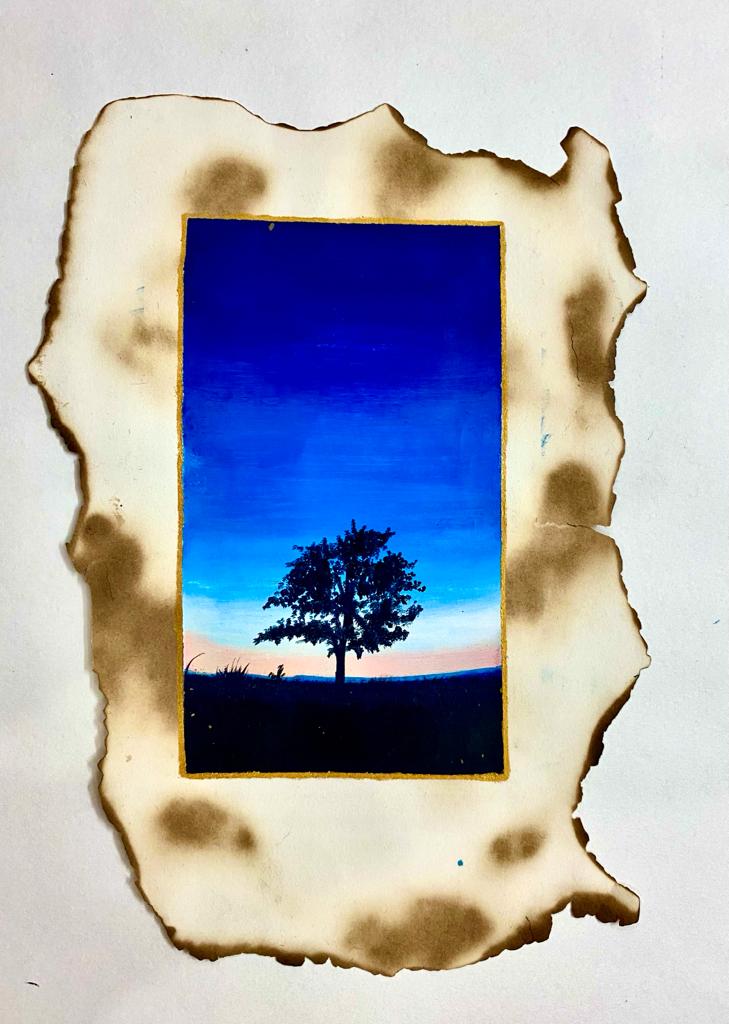 Vintage Acrylic Painting: Tree Silhouette at Sunset on Burnt Paper