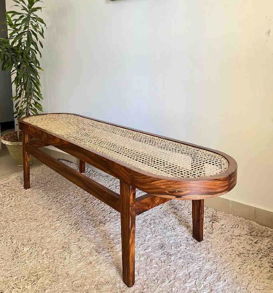 Round Sheesham Bench with Handwoven Cane