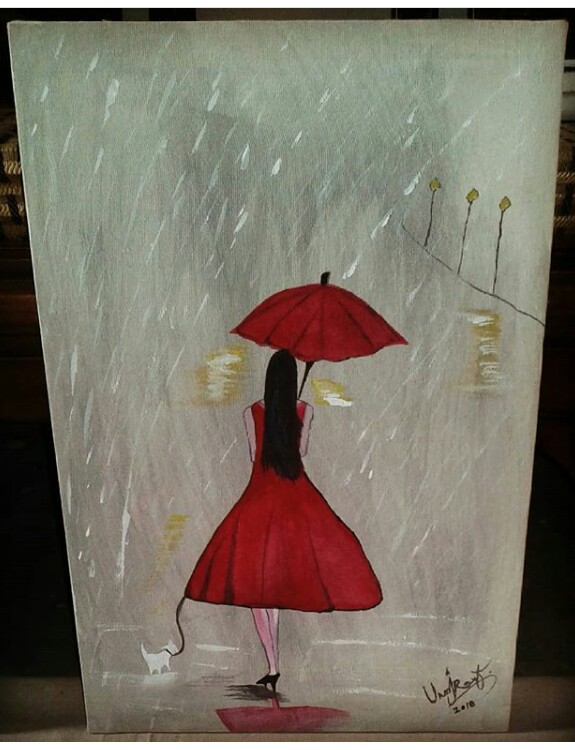 A Girl Walking in the Rain Painting on Canvas