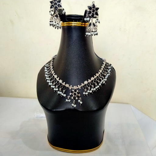 [PK3358-JW-NCK-010942] Kundan Set Balck and Silver
