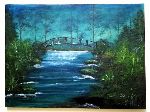 [PK4282-AR-OIL-012980] Bridge over a Waterfall - Bob Ross