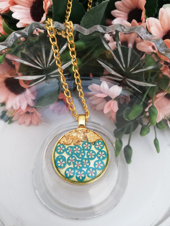 Turquoise Floral Gold Flake Pendant