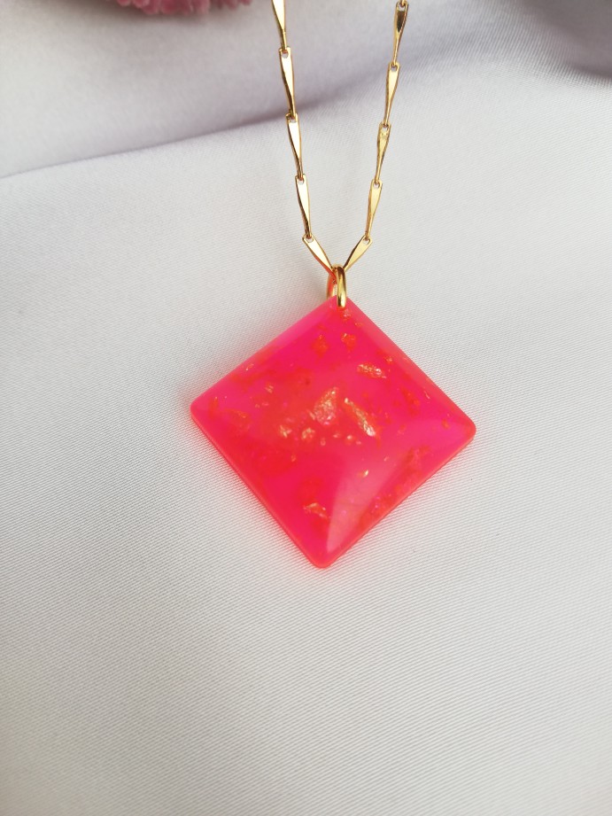 Hot Pink Gold Flake Square Pendant