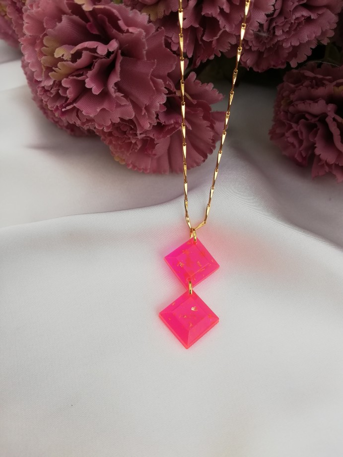 Hot Pink Gold Flake Double Square Pendant