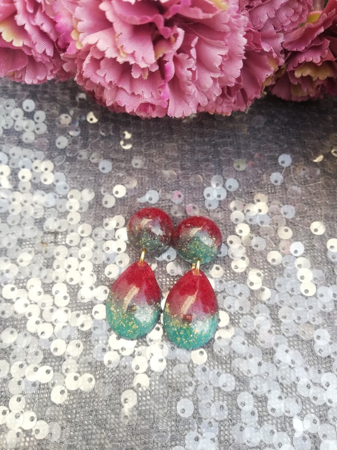 Maroon Turquoise Gold Flake Earrings