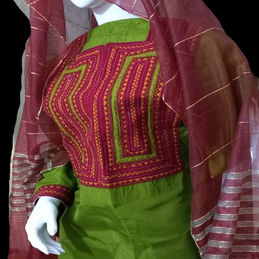 [PK5324-CW-UNS-015553] Green Maroon Embroidered
