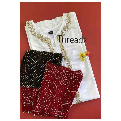 [PK2242-CW-PRT-016399] Hand Embroidered Lawn Fabric Shirt and Chiffon Chunri Dupatta