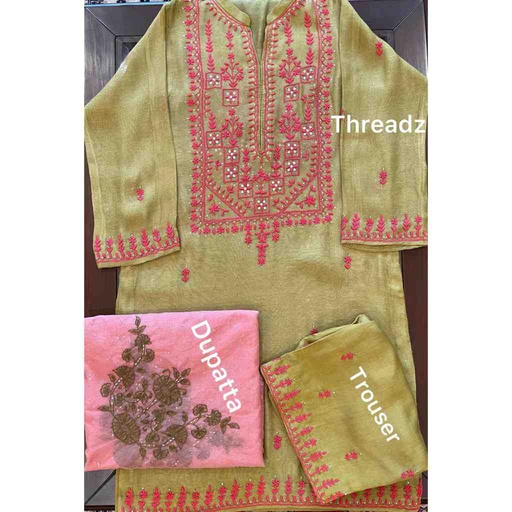 [PK2242-CW-UNS-016445] Hand embroidered 3 piece suit with paka tanka,kacha tanka and Mukesh work