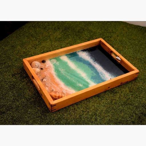 [PK6809-HM-TRY-019940] Handmade Wooden Tray - Cosmos Pattern with Ocean