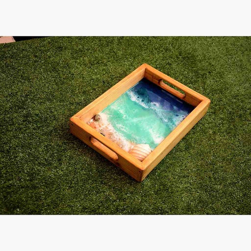 [PK6809-HM-TRY-019954] HANDMADE Wooden Tray - Cosmos Pattern with Ocean