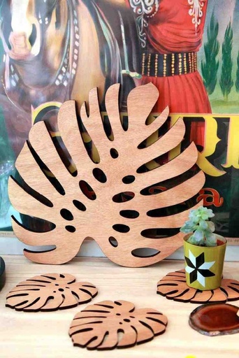 [PK3319-HM-KMA-023439] Monstera Leaf Wooden Placemats and Coaster Set