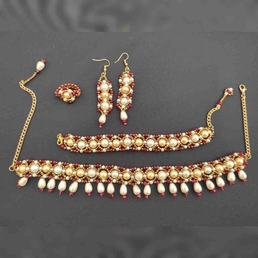 [PK7758-JW-EAR-025960] White Pearl and Red Crystal Bead Necklace Set
