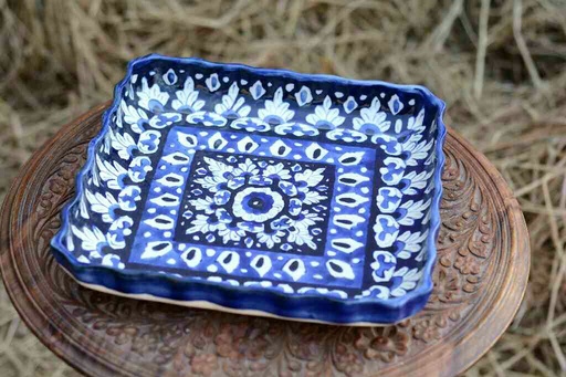 [PK0363-HM-TRY-026059] Blue Pottery Square Shape Serving Tray