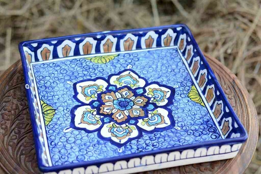 [PK0363-HM-TRY-026064] Blue Pottery Square Shape Serving Tray