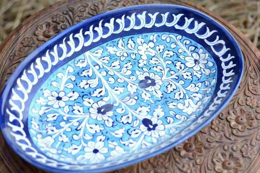 [PK0363-HM-TRY-026114] Blue Pottery Oval Shape Rice Tray