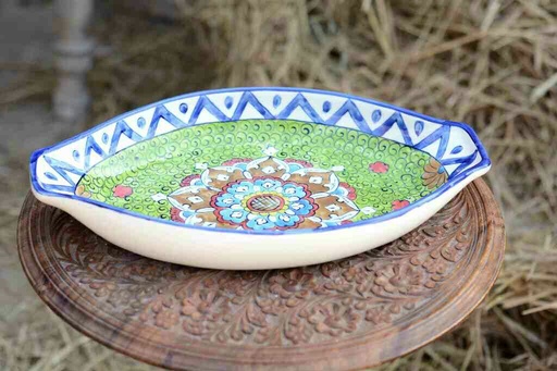 [PK0363-HM-TRY-026125] Blue Pottery Oval Shape Rice Tray