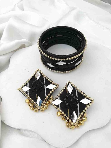 [PK4119-JW-EAR-027532] Black & Golden Fabric Bangles & Earrings 