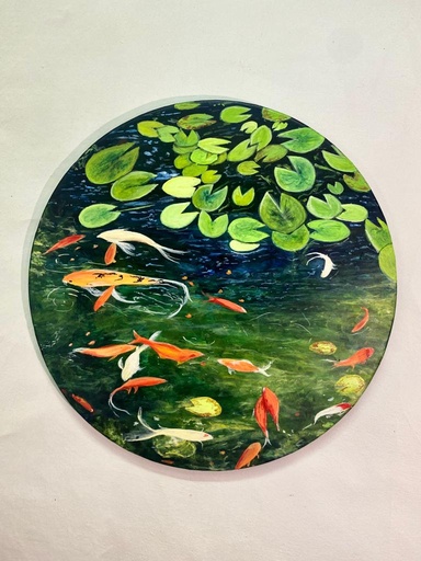 [PK8392-AR-ACR-028265] Koi Fish Pond Acrylic Painting on Round Canvas
