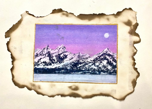 [PK8392-AR-DRW-028285] Oil Pastel Drawing on Burnt Paper Hues of Violet Sky and Mountainous Landscape