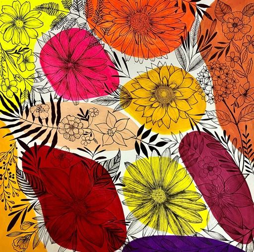 [PK8392-AR-PAI-028397] Mixed Media Boho Floral Art on Paper