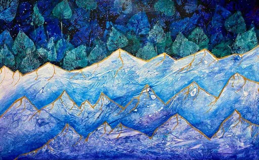 [PK8392-AR-ACR-029062] Abstract Landscape: Leaf Printing and Mountains 