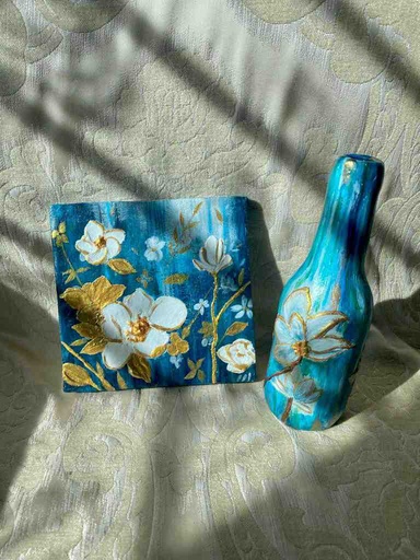 [PK8392-AR-ACR-029121] Floral Decor on Mini Canvas and Bottle Set