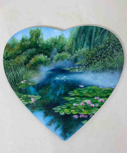 [PK8392-AR-ACR-029559] Misty Lily Pond Painting on Heart Canvas 