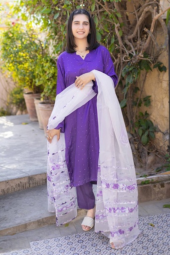 [13-D-25] Lilac Applique Organza Dupatta