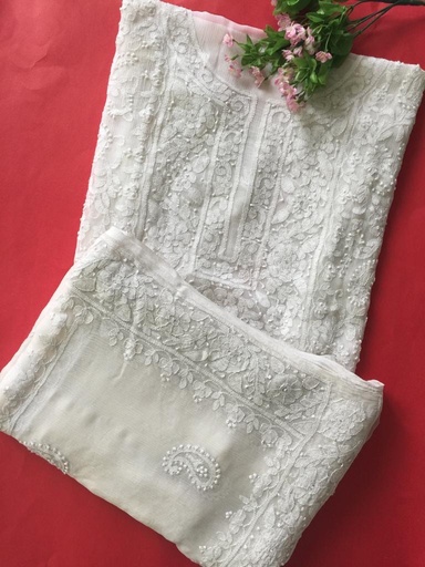 [PK2242-GN-GEN-007293] Pure Chiffon Chikankari Work Dupatta And Shirt Unstitched 2 Piece