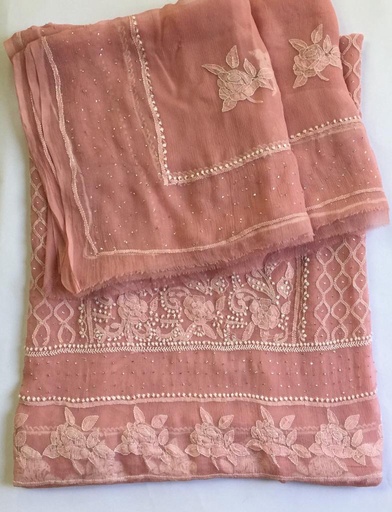 [PK2242-GN-GEN-007309] Pure Chiffon Shirt And Dupatta With Chikankari and Mukesh Work